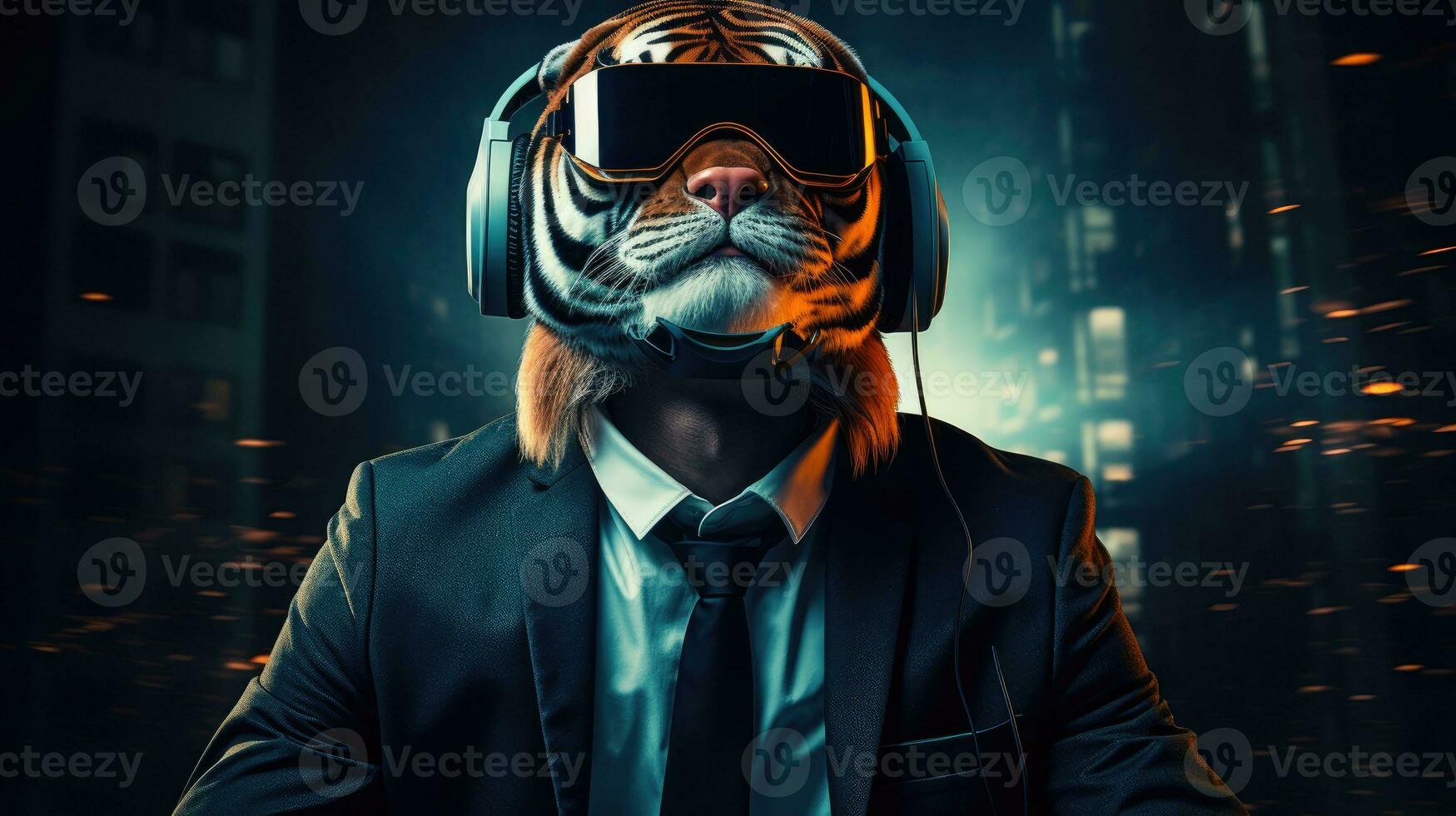 Portrait of a tiger wear a suit and headphones on dark background photo