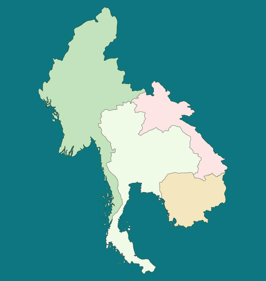 Map of Thailand, Myanmar, Laos, and Cambodia. Map of border countries of Southeast Asia vector