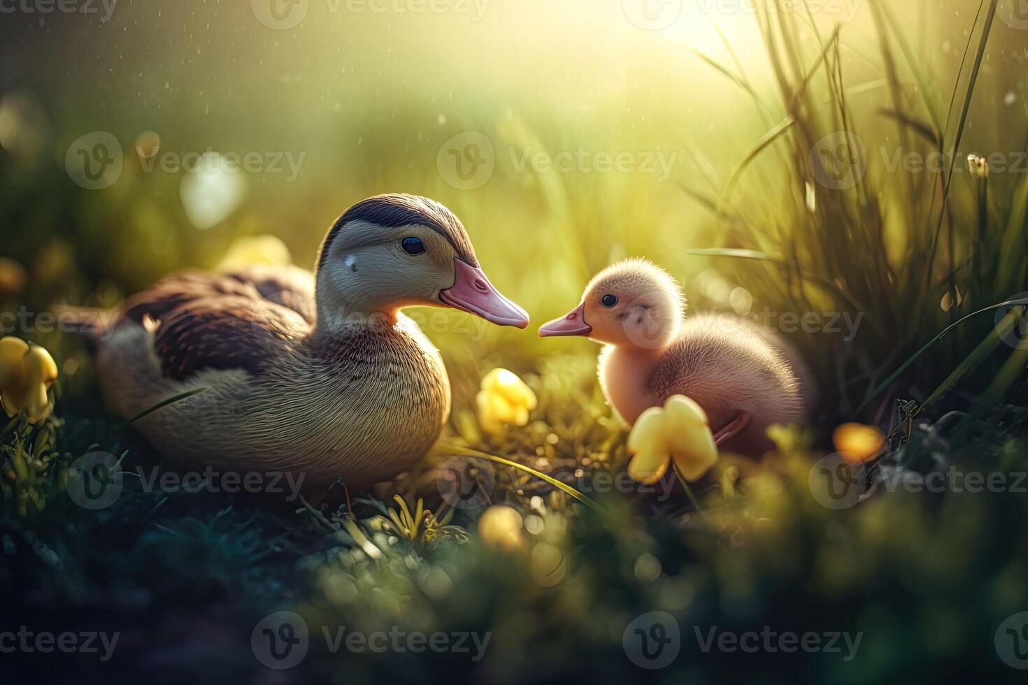 Ducklings and their mother in the grass AI Generative photo