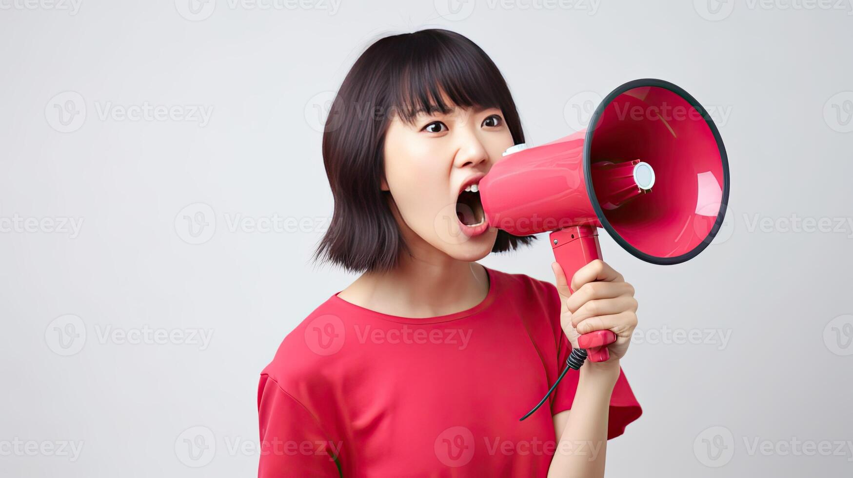 portrait of a young woman screaming with a megaphone against a white background photo