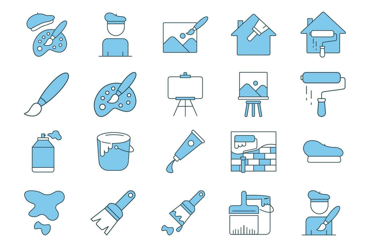 Painting set icon. Contains icons paint brush, canvas, painter, paint tubes, etc. Flat line icon style. Simple vector design editable