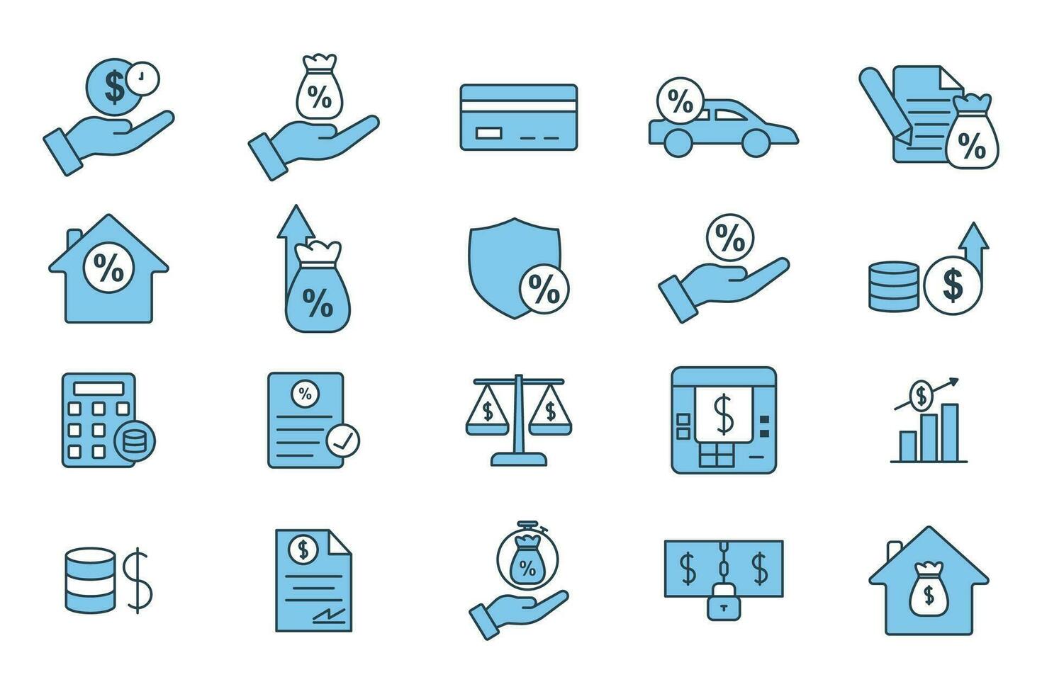 Credit and loan set icon. Contains icons credit, loan, leasing, mortgage, etc. suitable for web site design, app, user interfaces, printable etc. Flat line icon style. Simple vector design editable.