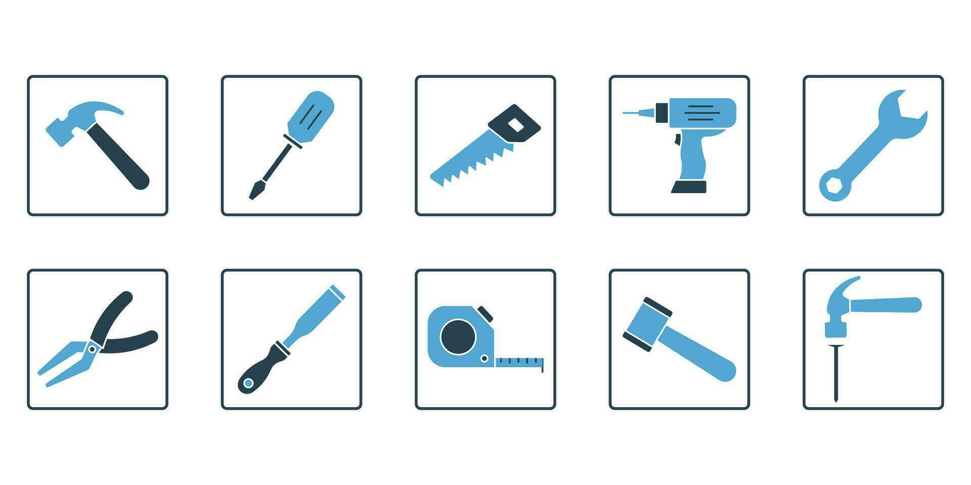 Carpentry set icon. Icon related to handyman tools. Contains icons hammer, screwdriver, saw, drill, etc. Solid icon style. Simple vector design editable
