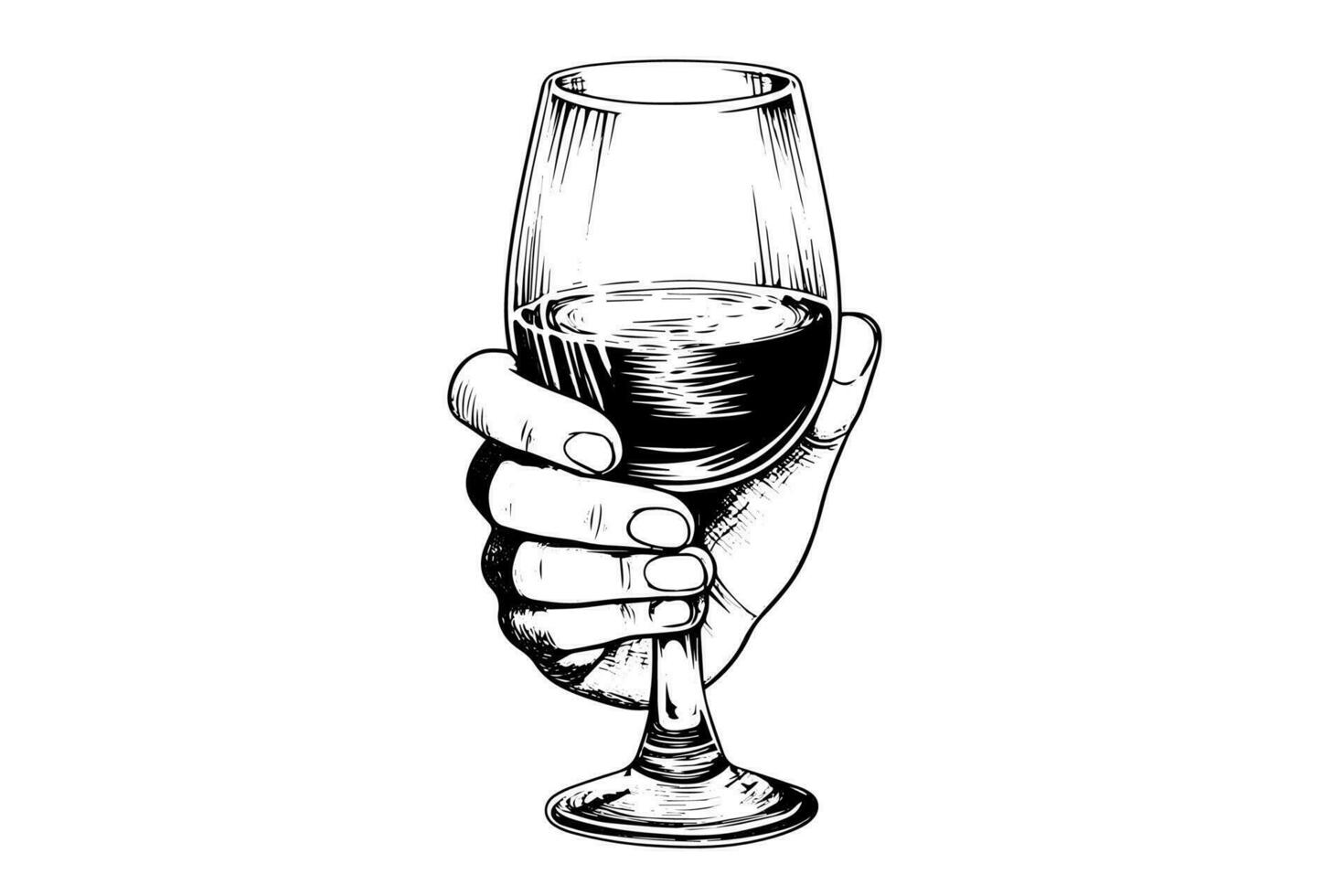 vino vaso en mano dibujado tinta bosquejo grabado estilo vector ilustración.