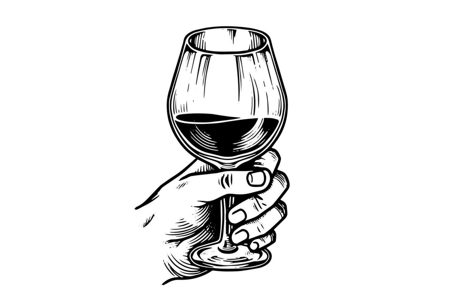 vino vaso en mano dibujado tinta bosquejo grabado estilo vector ilustración.