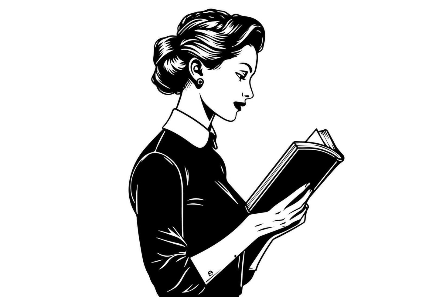Businness woman read book ink drawing sketch. Pop art style black and white vector illustration.