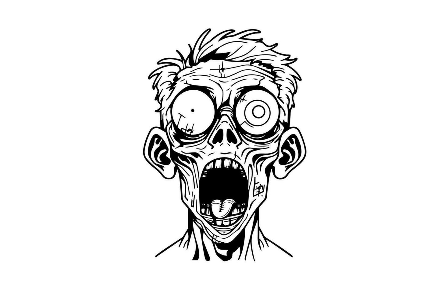 Zombie head or face ink sketch. Walking dead hand drawing vector illustration.