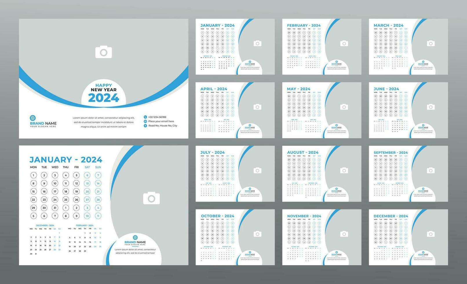 Editable 2024 desk calendar design. 12 months included. Vector illusrtation