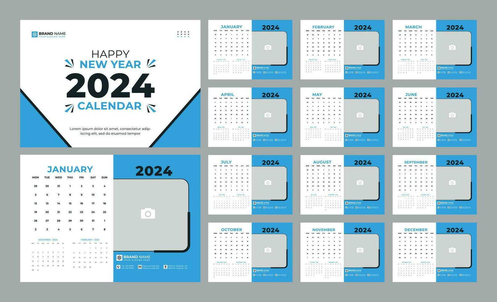 mensuel calendrier modèle pour 2024 année, 12 pages mur calendrier 2024,  Nouveau année mur calendrier 29871561 Art vectoriel chez Vecteezy