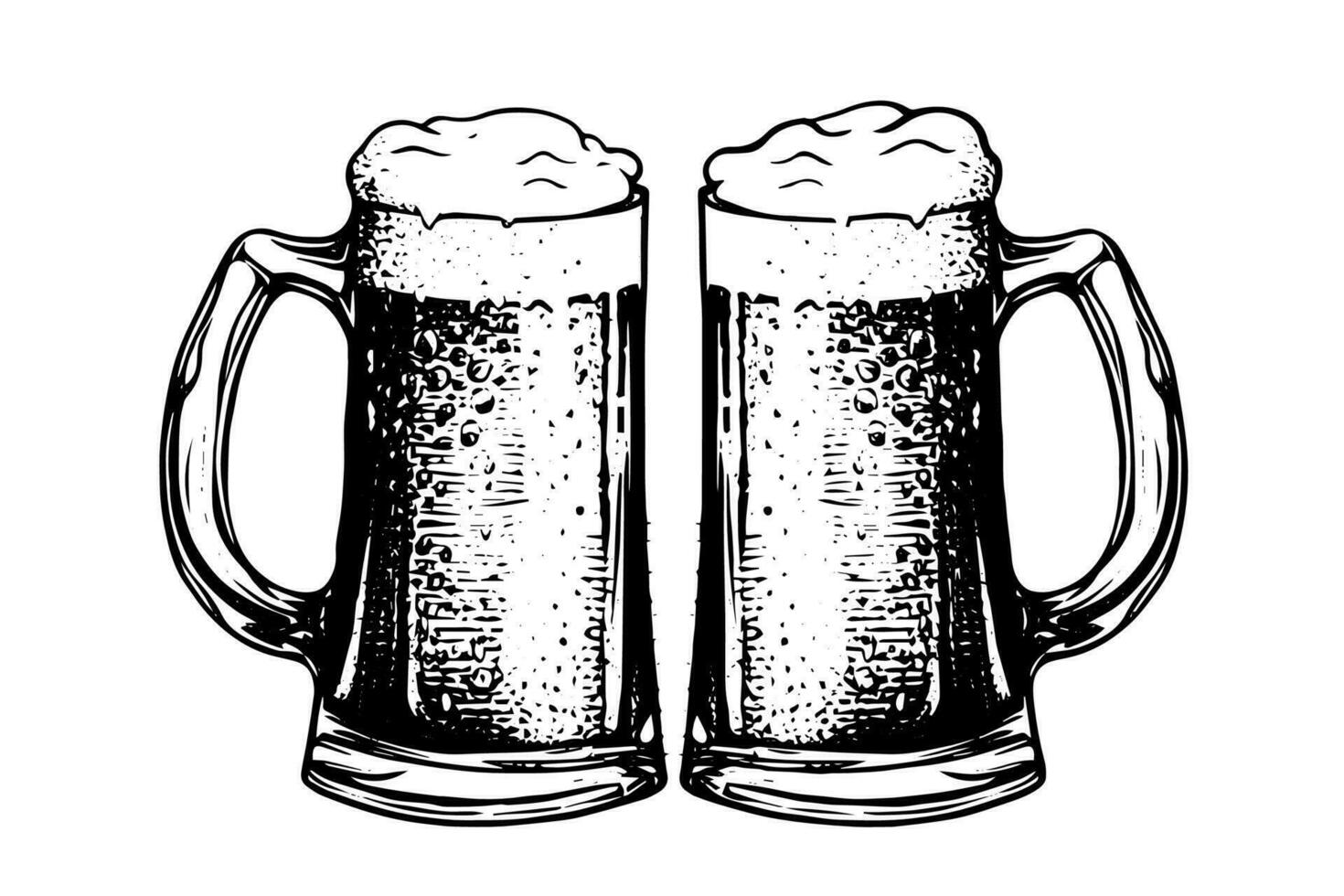 Two beer glasses with ale and lush foam.hand drawn ink sketch. Engraving vintage style vector illustration.