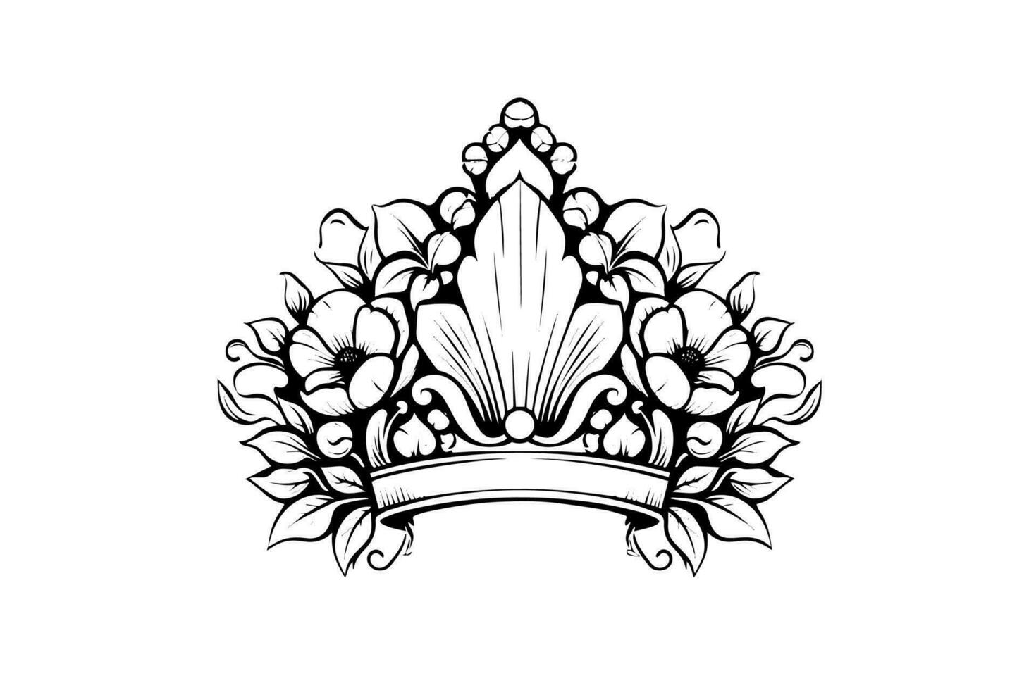 Hand drawn flower crown ink sketch. Vintage engraved vector illustration.