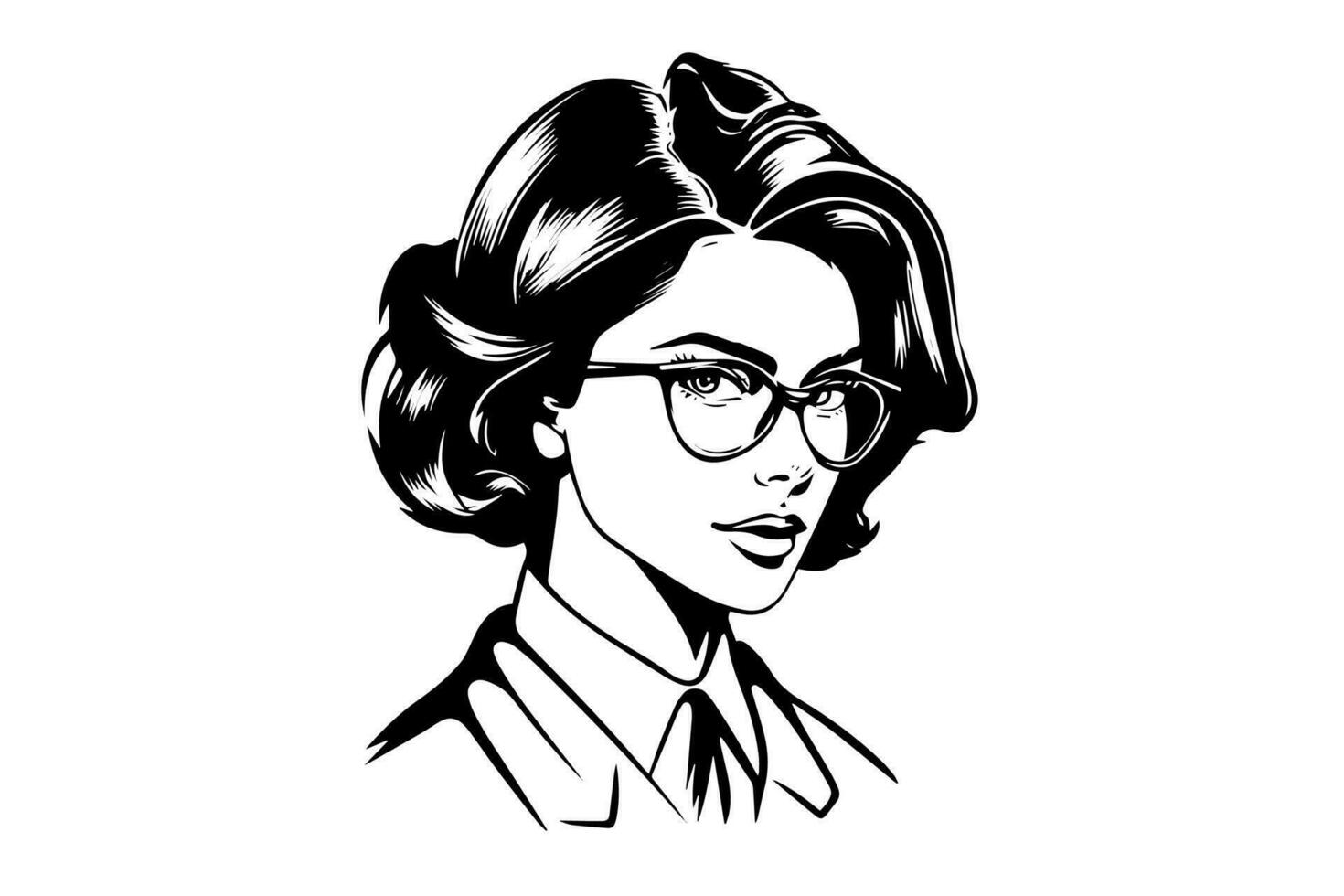 Serious businness woman ink drawing sketch. Pop art style black and white vector illustration.