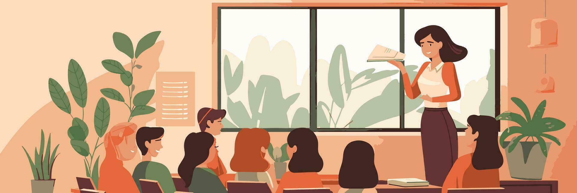 illustration school lesson. teacher in class with students. stylized banner on the theme of education, back to school vector