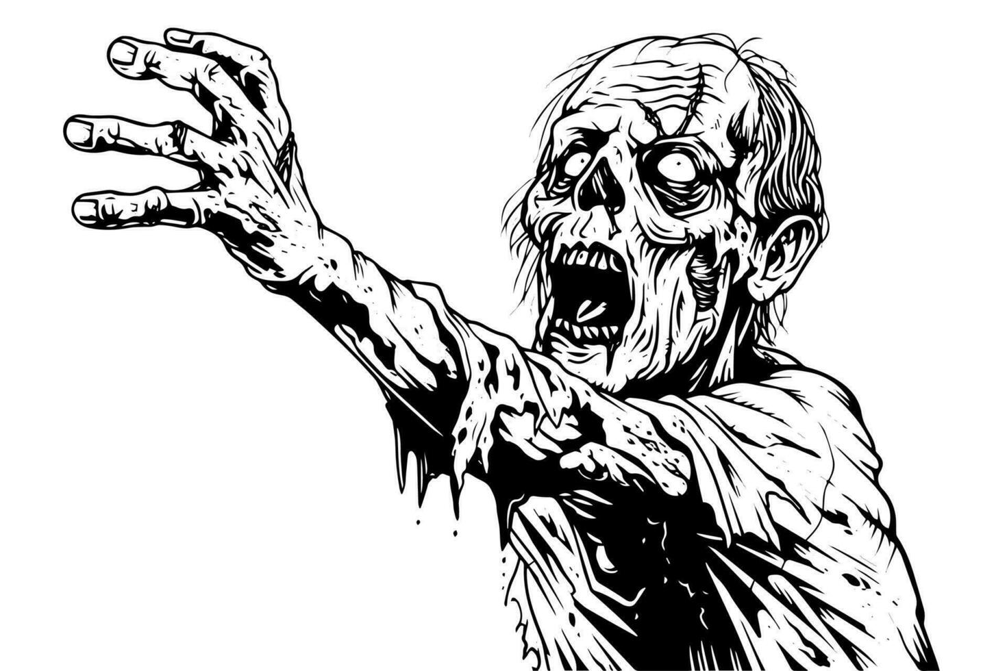 zombi tira su brazo tinta bosquejo. caminando muerto mano dibujo vector ilustración.