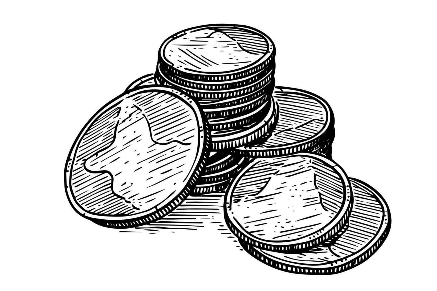 Stack of coins money in engraving style. Hand drawn ink sketch. Vector illustration.