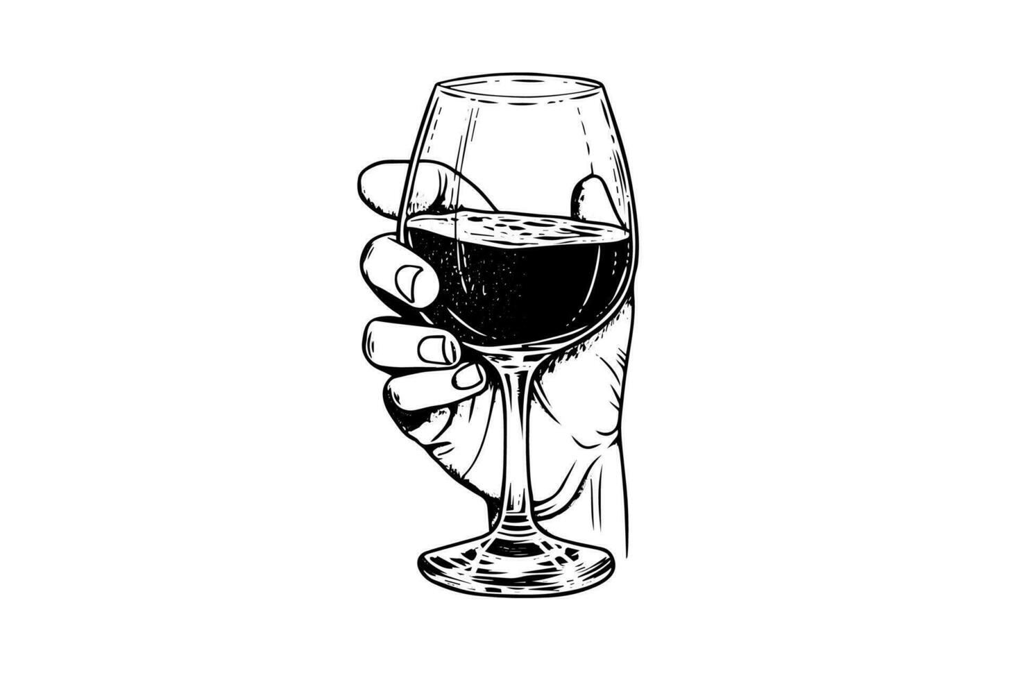 vino vaso en mano dibujado tinta bosquejo grabado estilo vector ilustración.