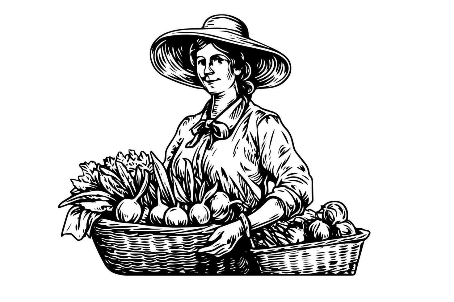 A woman farmer harvesting in the field in engraving style. Drawing ink sketch vector illustration.