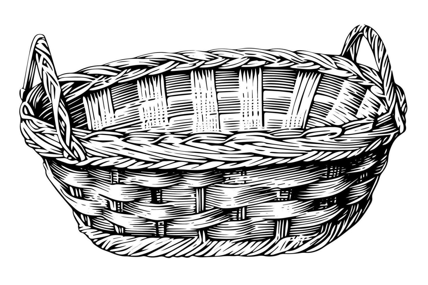 Hand drawn sketch of wicker basket. Engraved style vector illustration. Template for your design works.