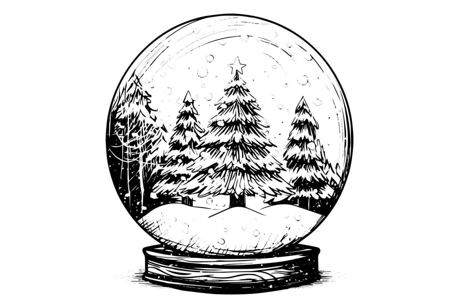 alegre Navidad regalo nieve globo copo de nieve árbol adentro. vector grabado tinta bosquejo ilustración.