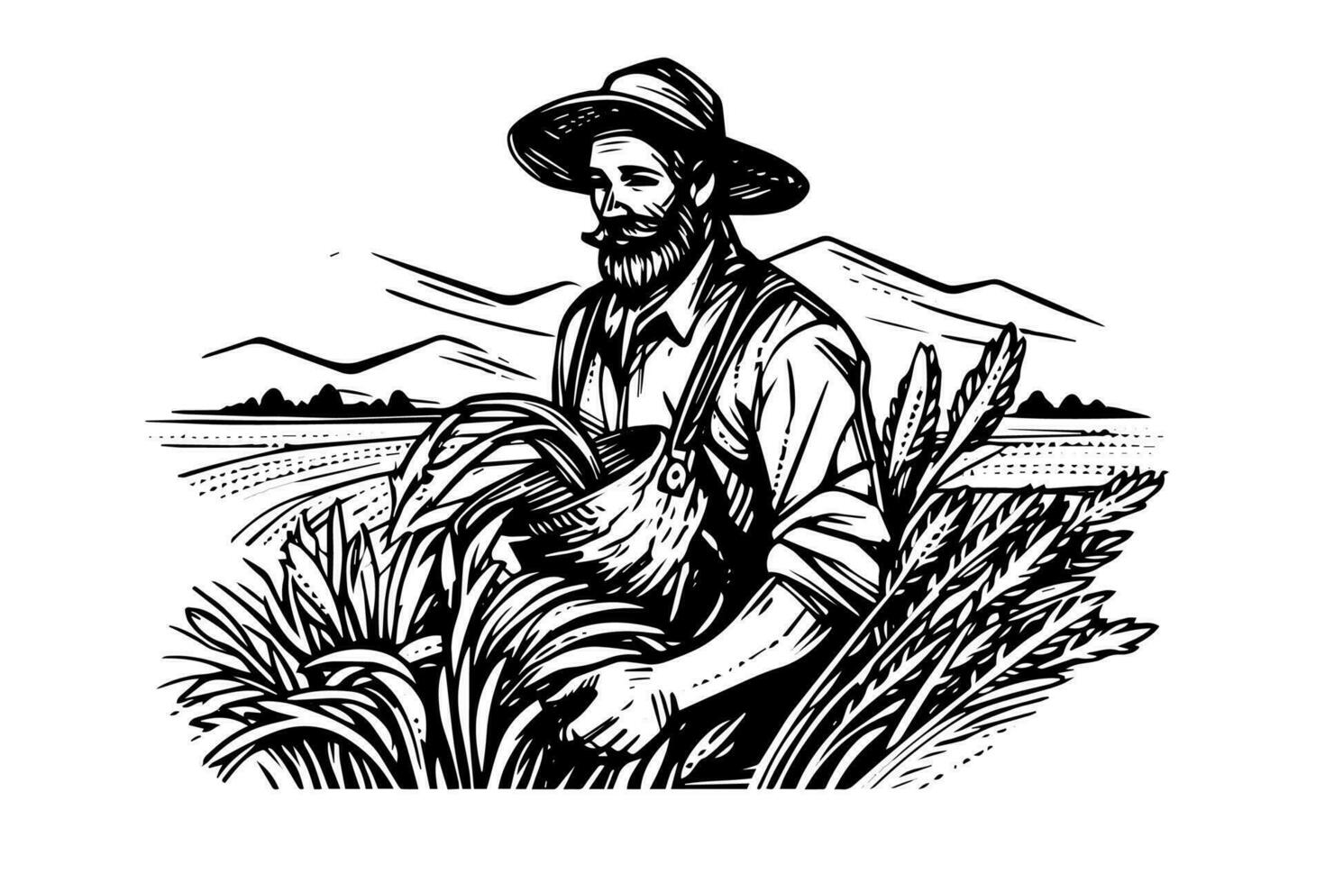 Happy farmer in hat works on the field engraving style. Hand drawn ink sketch. Vector logotype illustration.