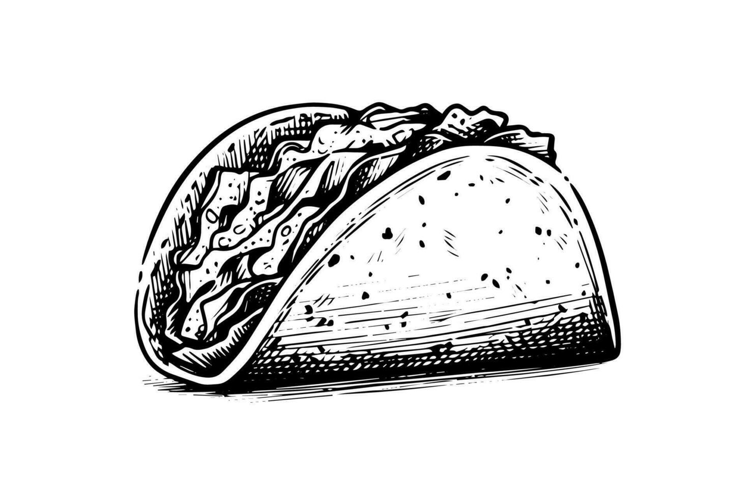 Hand drawn ink sketch of taco. Traditional mexican fast food illustration. Vector drawing.