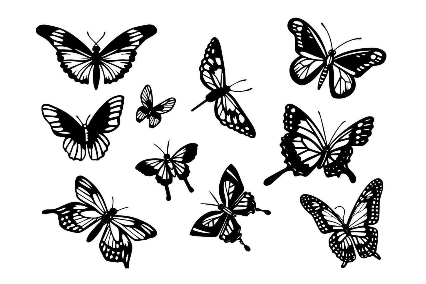 conjunto de mariposa bosquejo. mano dibujado grabado estilo vector ilustración.