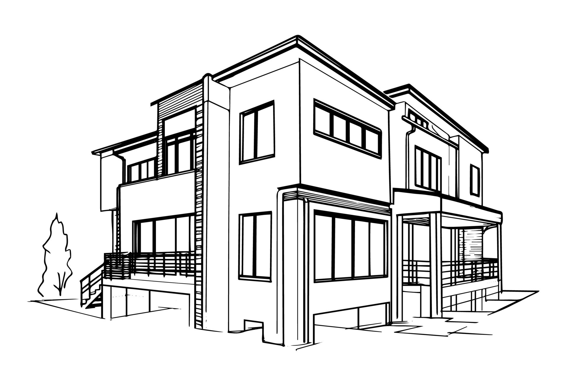 Vector black and white ink sketch of modern house. Engraving style