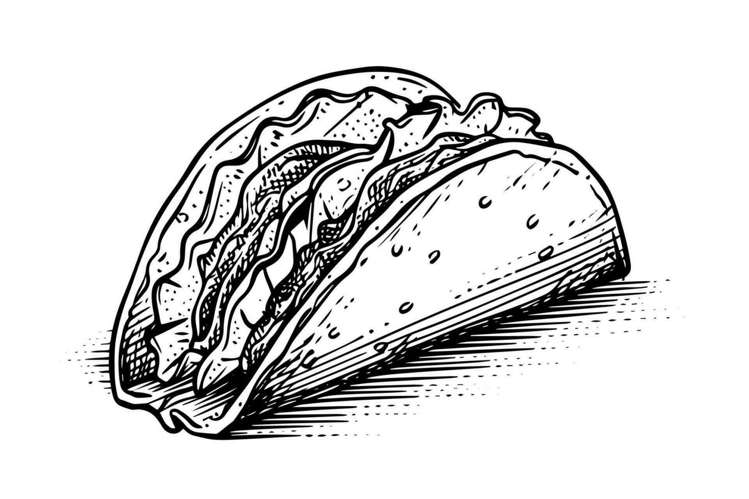 Hand drawn ink sketch of taco. Traditional mexican fast food illustration. Vector drawing.