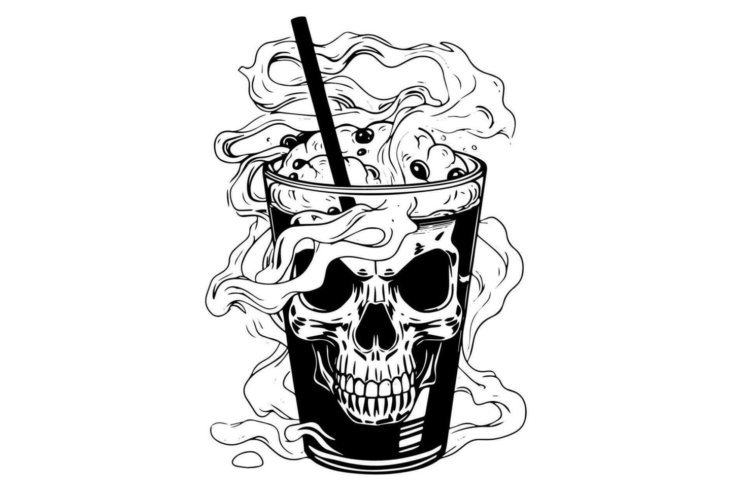 Zombie halloween cocktail drink ink sketch. Walking dead hand drawing vector illustration.
