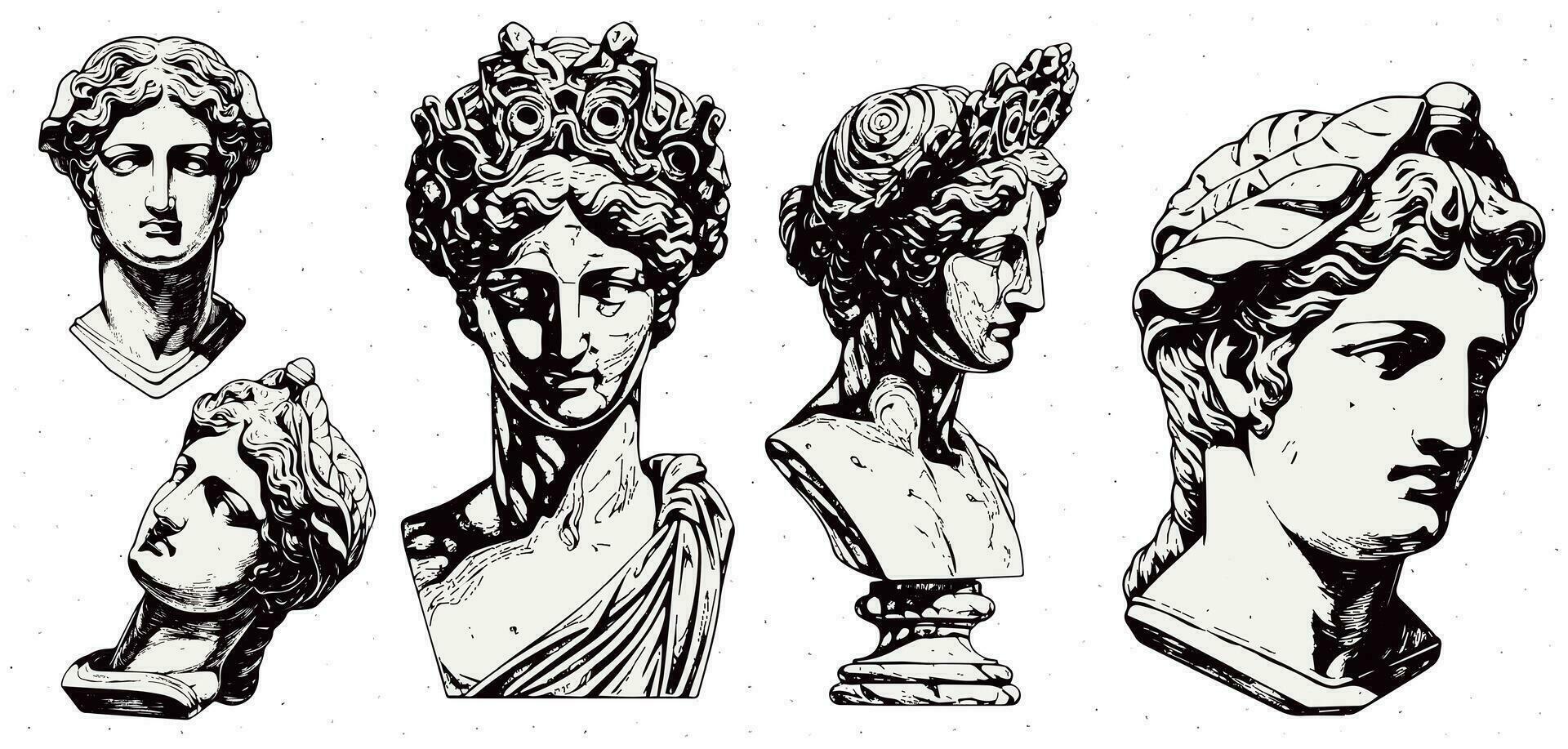 Set of antique statue head of greek sculpture sketch engraving style vector illustration pack.