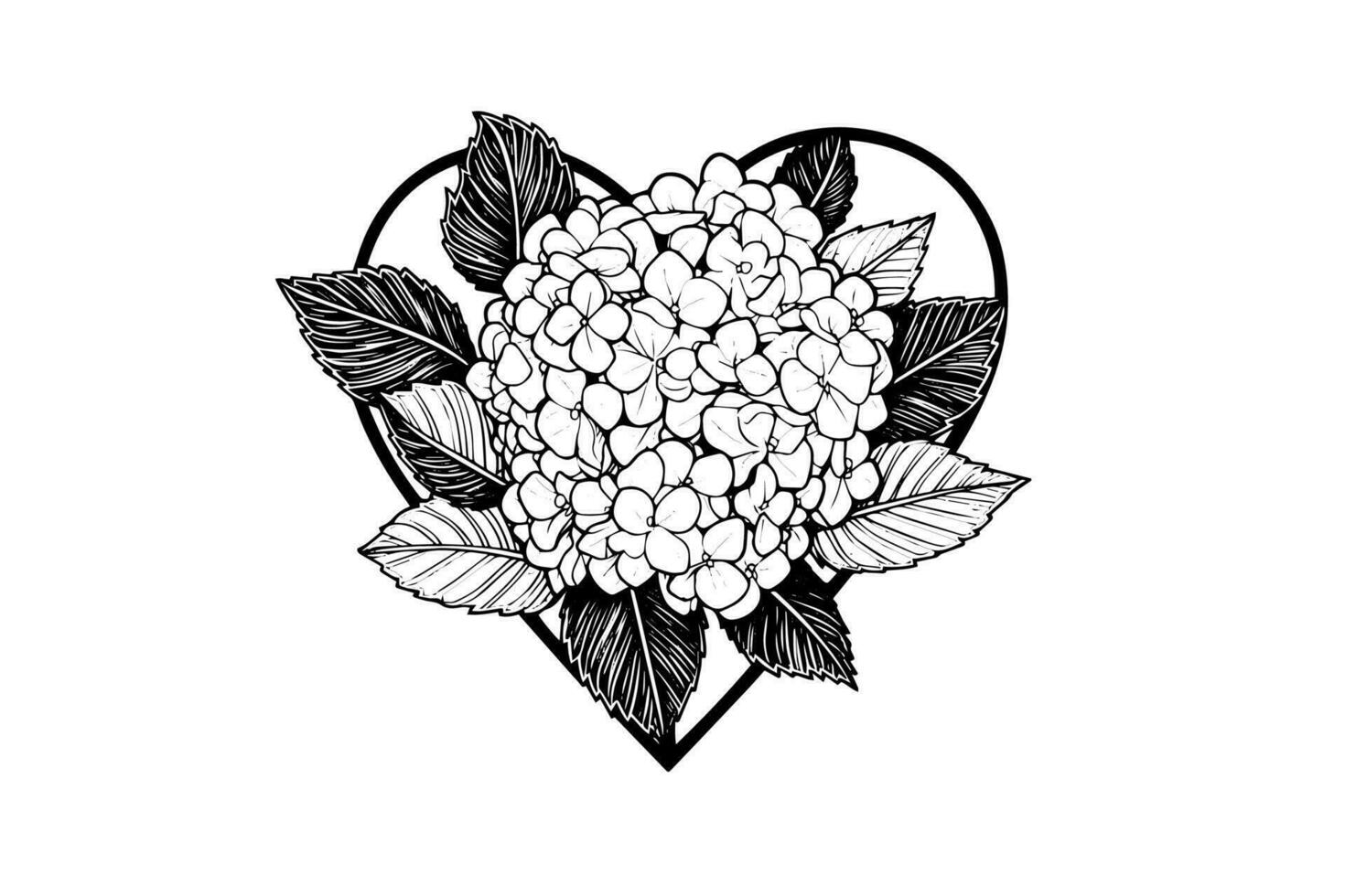 Hand drawn ink sketch heart-shaped hydrangea flowers. Vector illustration in engraving style.