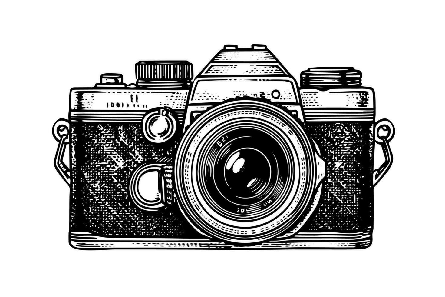 Modern photo camera in engraving style. Vector retro hand drawn illustration.