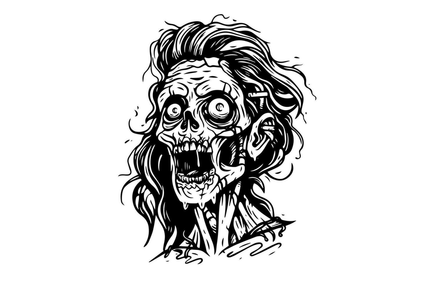 Zombie head or face ink sketch. Walking dead hand drawing vector illustration.
