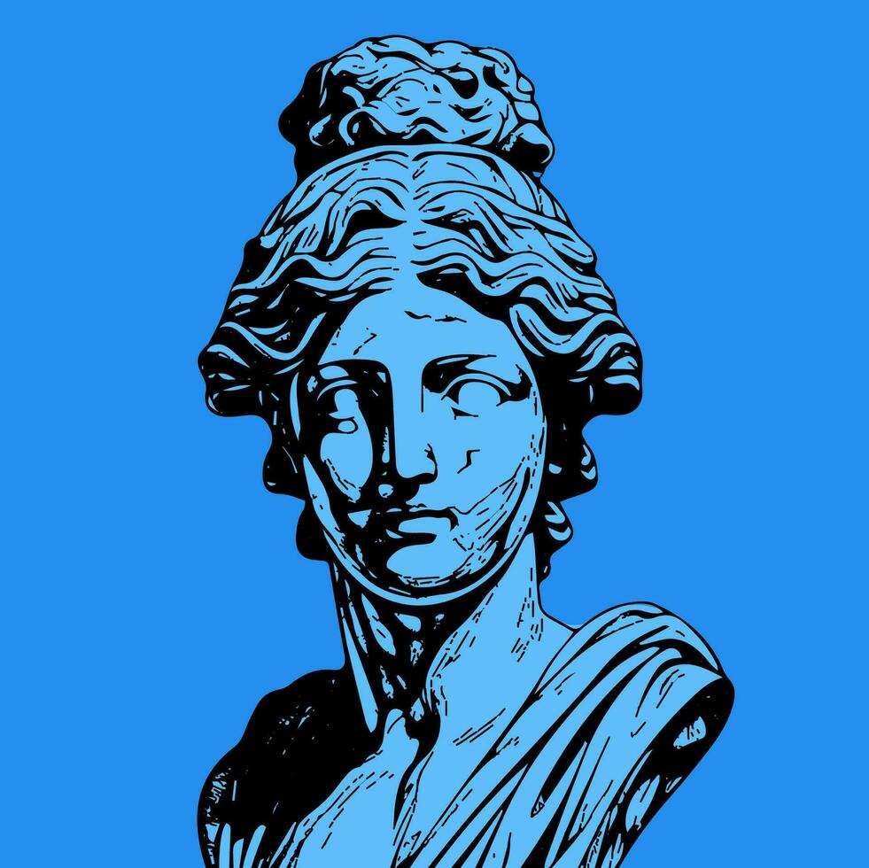 Blue antique statue head of greek sculpture sketch engraving style vector illustration.