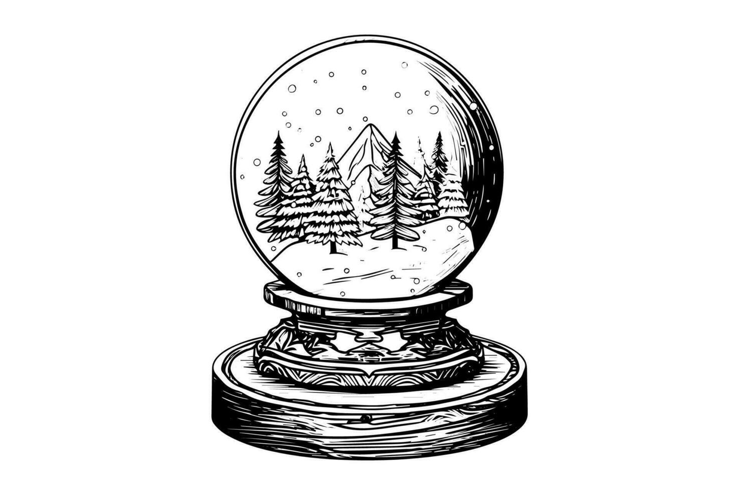 alegre Navidad regalo nieve globo copo de nieve árbol adentro. vector grabado tinta bosquejo ilustración.