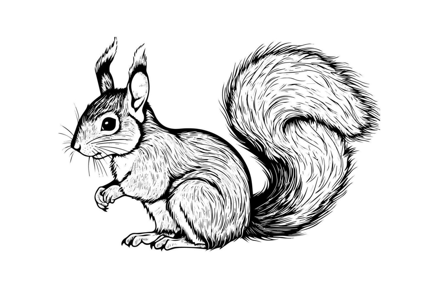 Squirrel sitting ink sketch hand drawn engraved style Vector illustration.