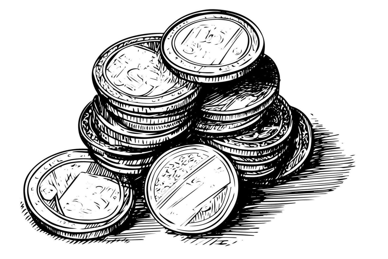 Stack of coins money in engraving style. Hand drawn ink sketch. Vector illustration.