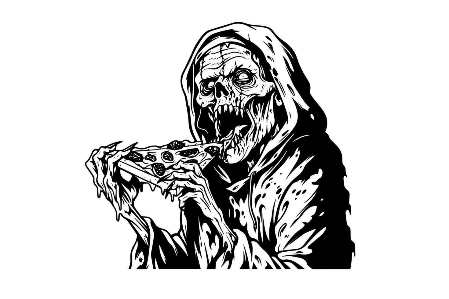 Zombie eats a pizza ink sketch. Walking dead fast food hand drawing vector illustration.