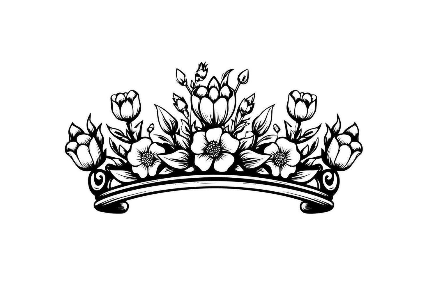 Hand drawn flower crown ink sketch. Vintage engraved vector illustration.