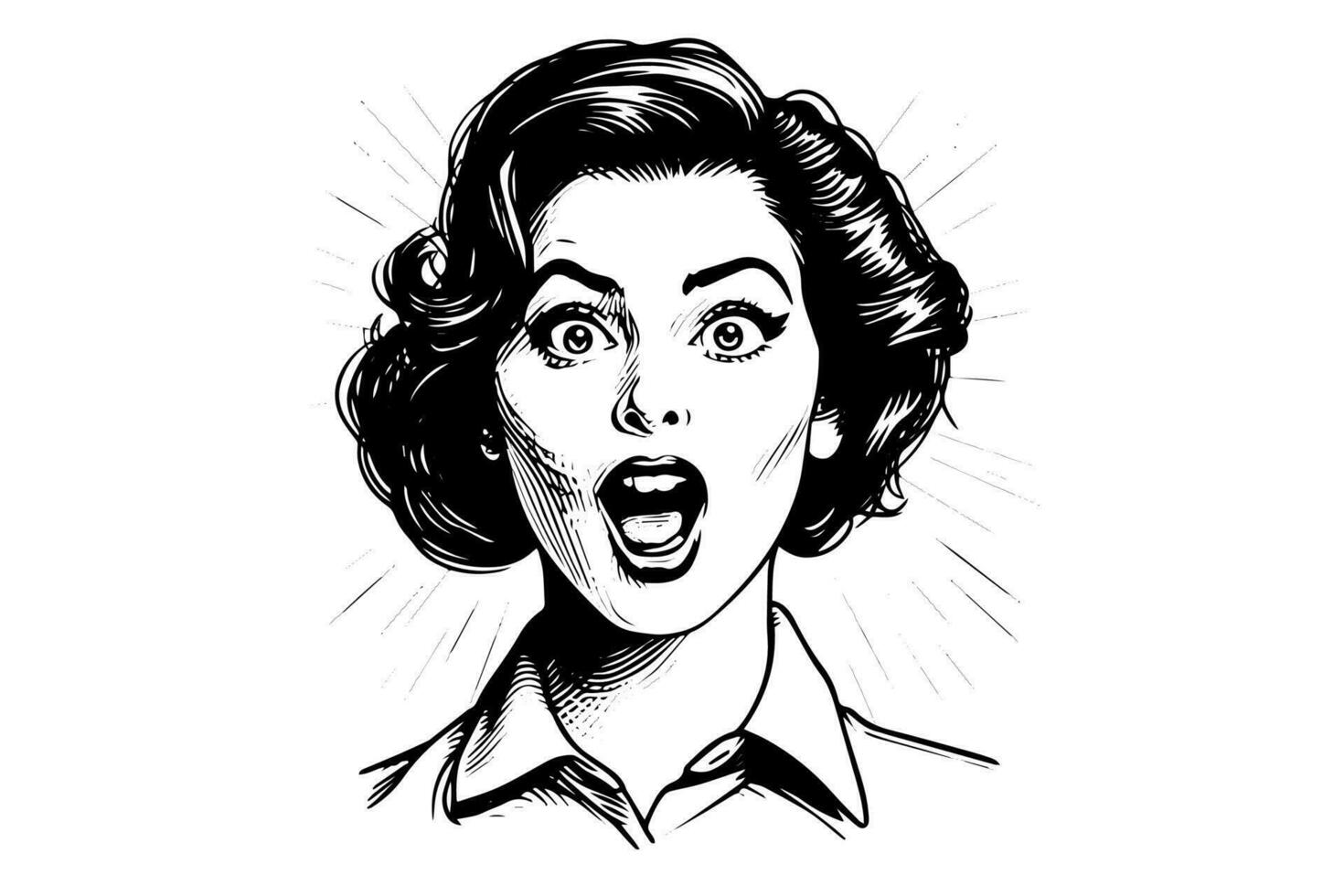 Surprised businness woman ink drawing sketch. Pop art style black and white vector illustration.