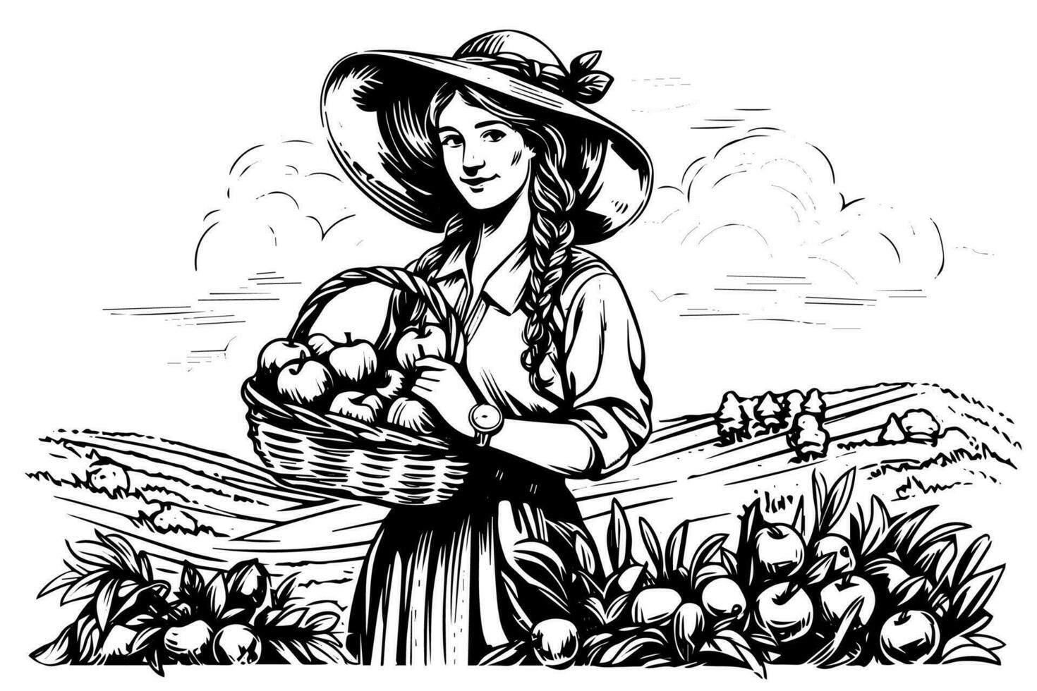 un mujer granjero cosecha en el campo en grabado estilo. dibujo tinta bosquejo vector ilustración.