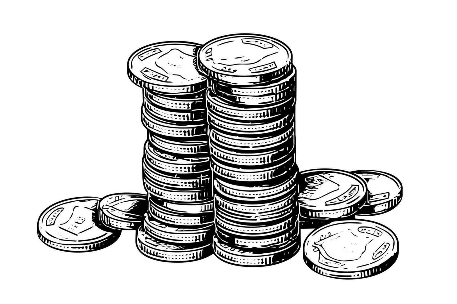 Stack of coins money in engraving style. Hand drawn ink sketch. Vector illustration.