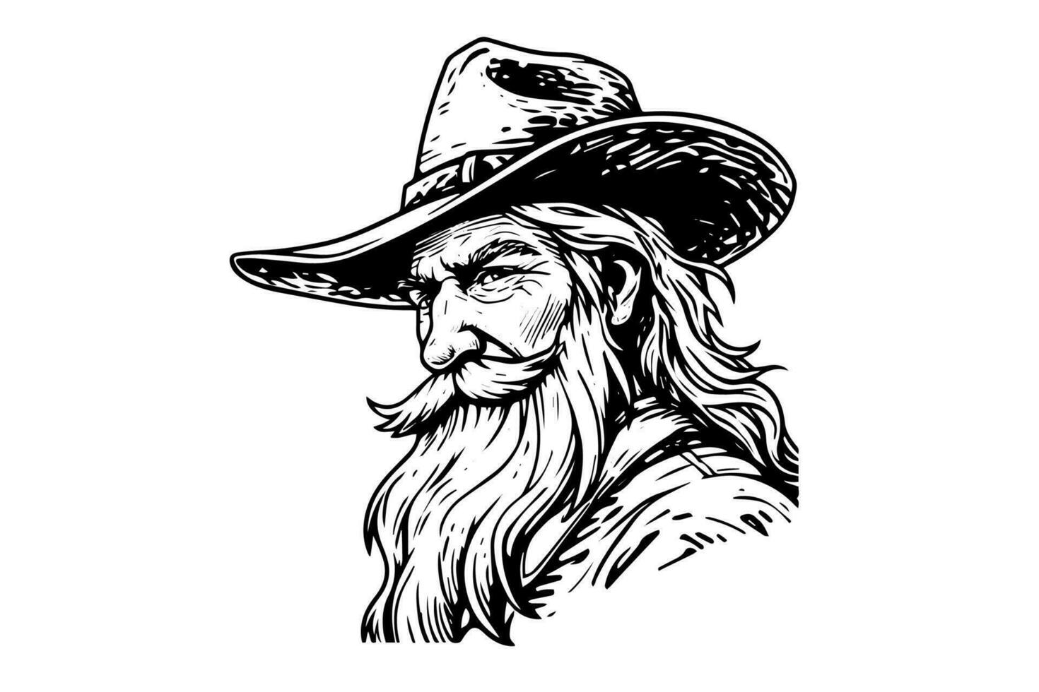 Old cowboy bust or head on hat in engraving style. Hand drawn ink sketch. Vector illustration.