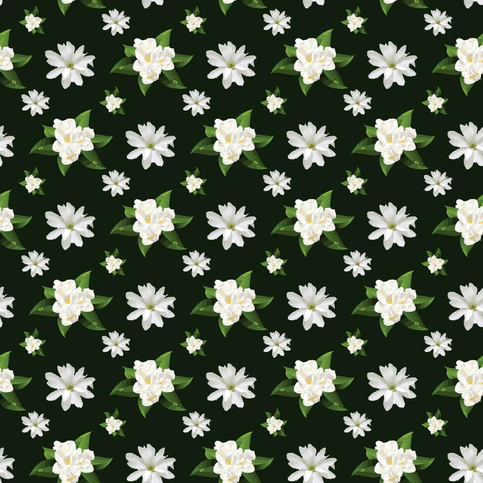 Jasmine Flowers Seamless Pattern on dark green background Design vector