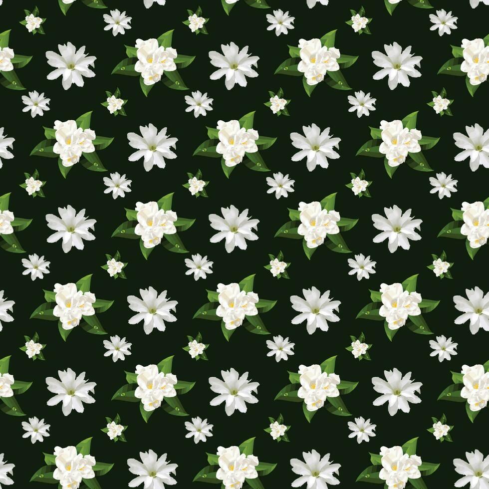 Jasmine Flowers Seamless Pattern on dark green background Design vector