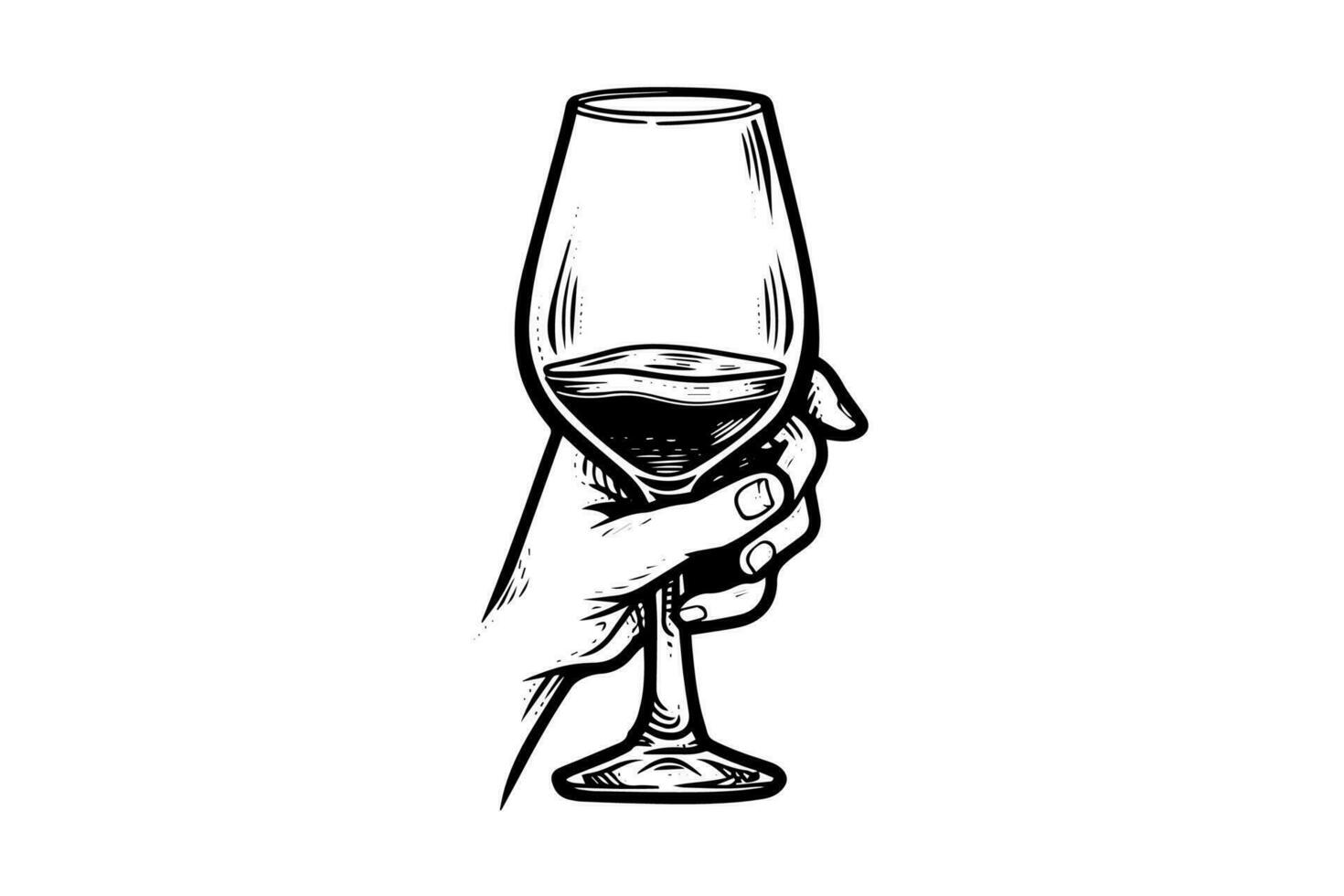 vino vaso en mano dibujado tinta bosquejo grabado estilo vector ilustración.