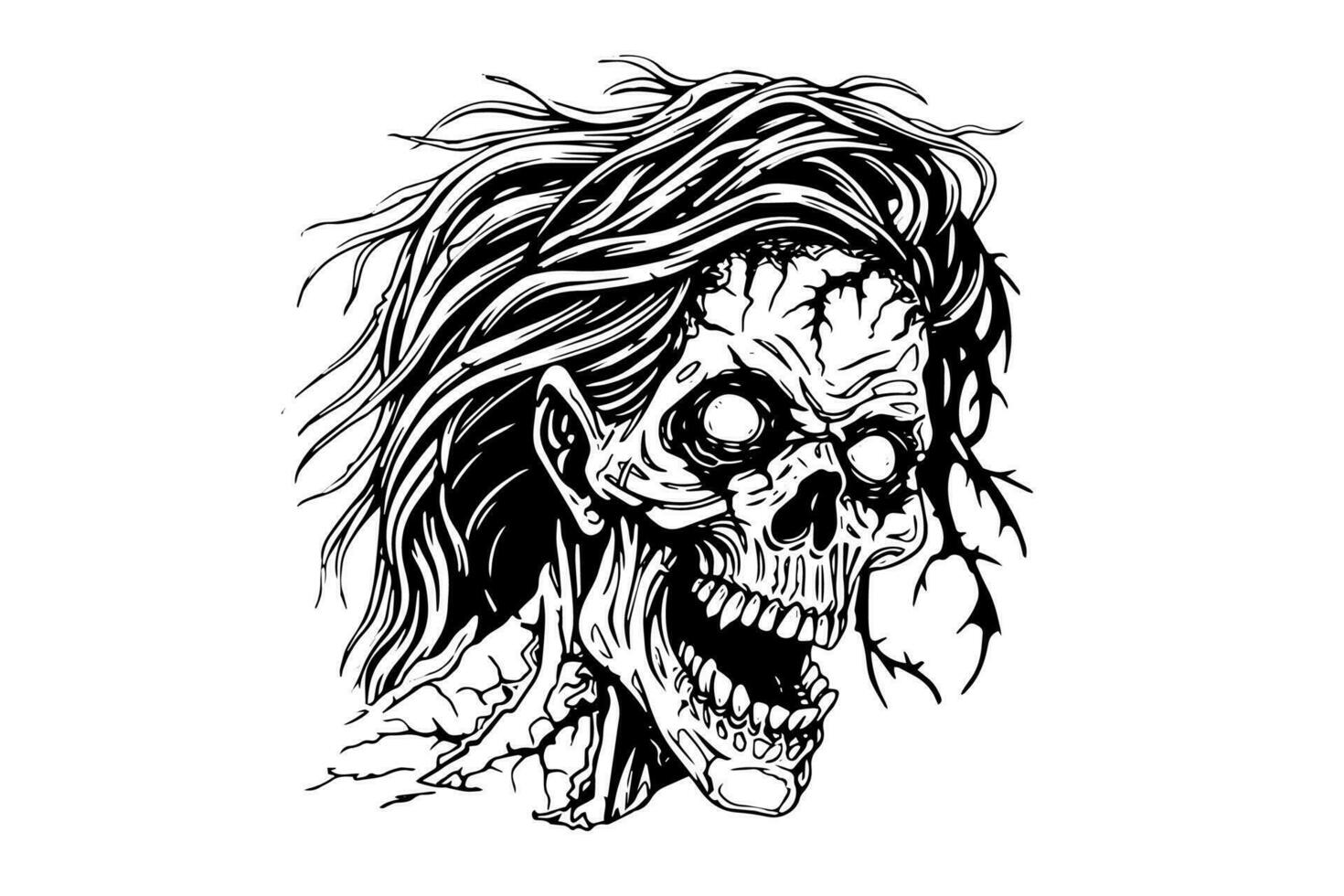 Zombie head or face ink sketch. Walking dead hand drawing vector illustration.