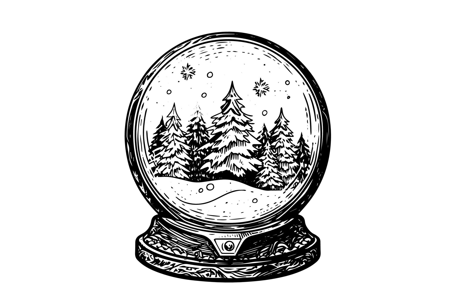 Merry Christmas gift snow globe Snowflake tree inside. Vector engraving
