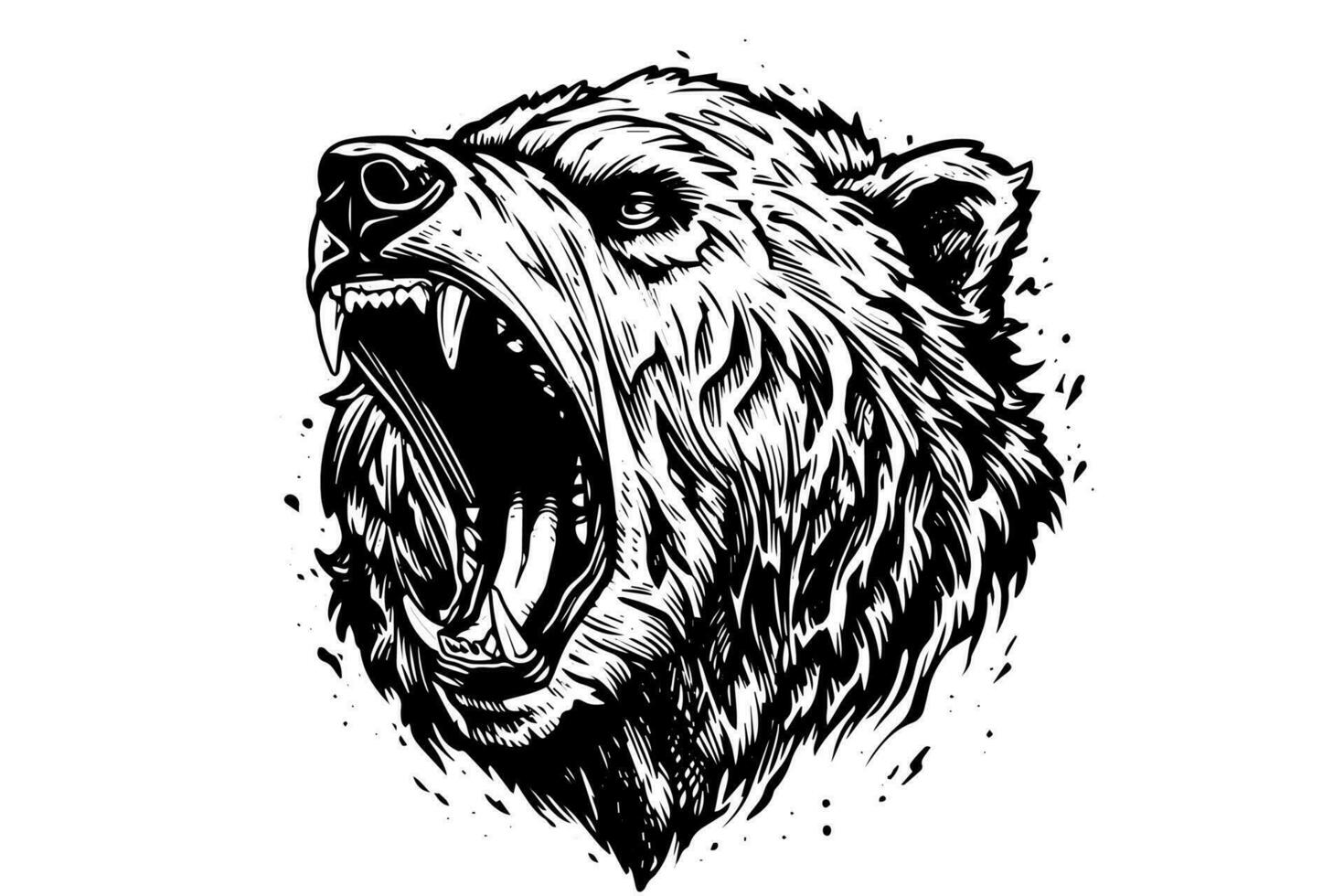 Ink hand drawing sketch bear mascot or logotype head. Vector Illustration in engraving style.