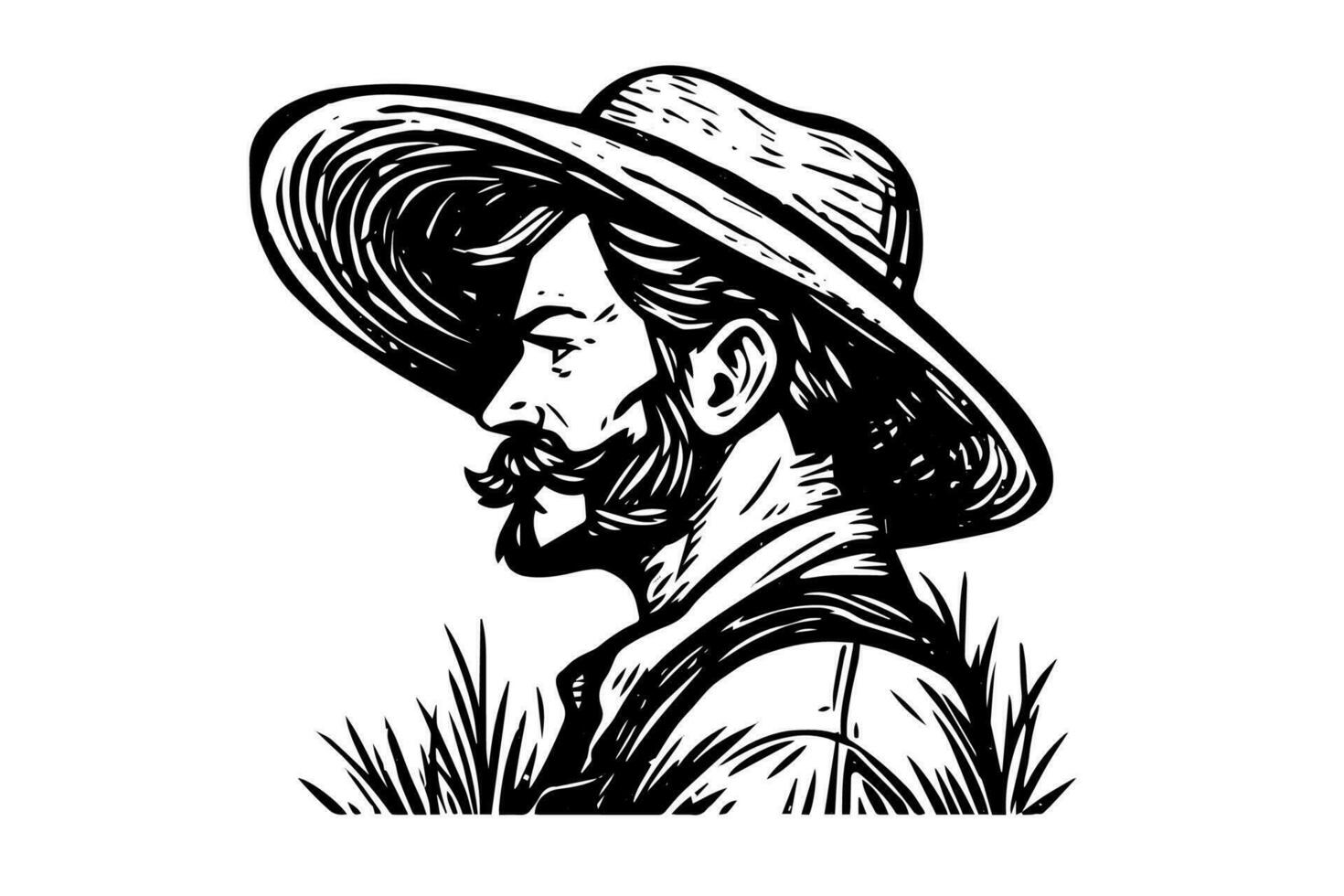 Happy farmer in hat engraving style. Hand drawn ink sketch. Vector logotype illustration.